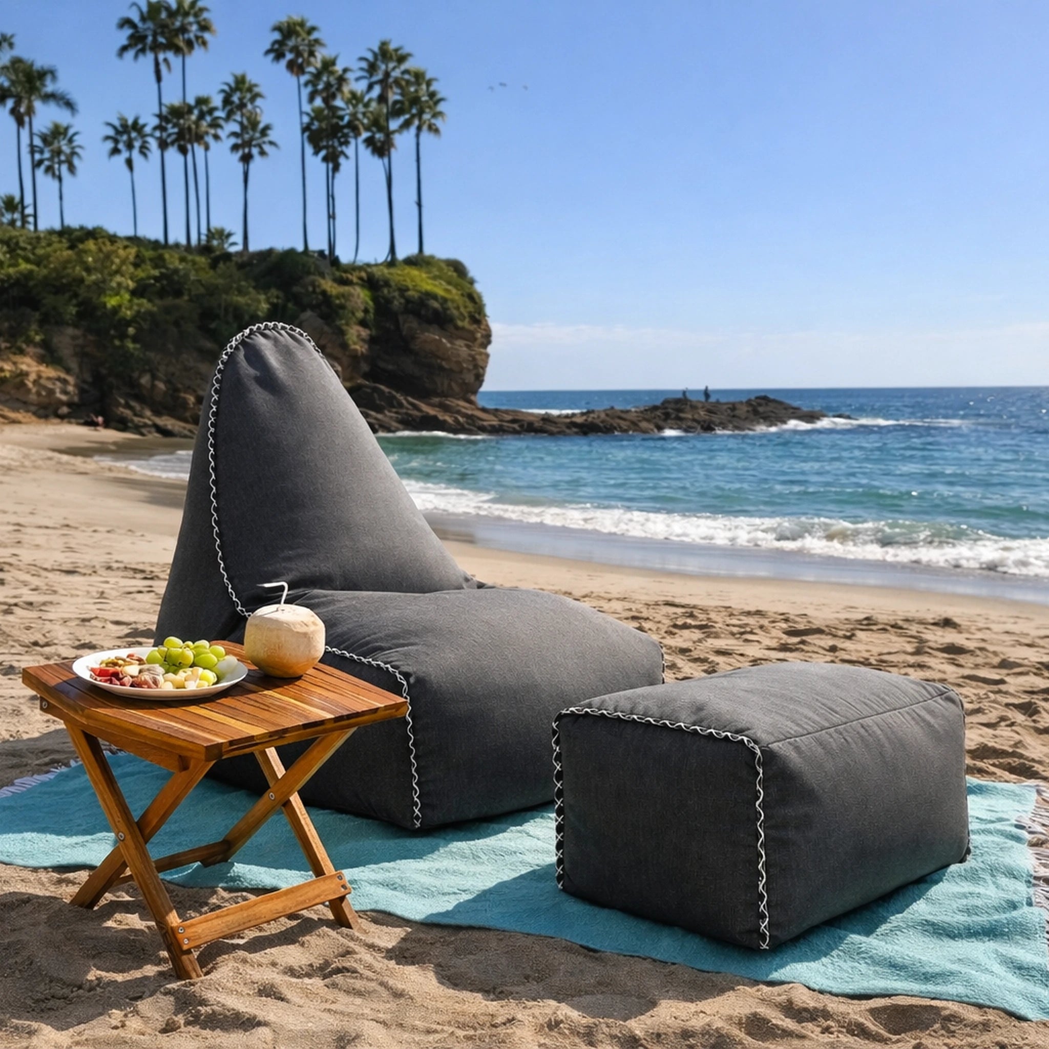 MARÉVA Lounger and Footrest set in Harbor Fog gray, lifestyle photo