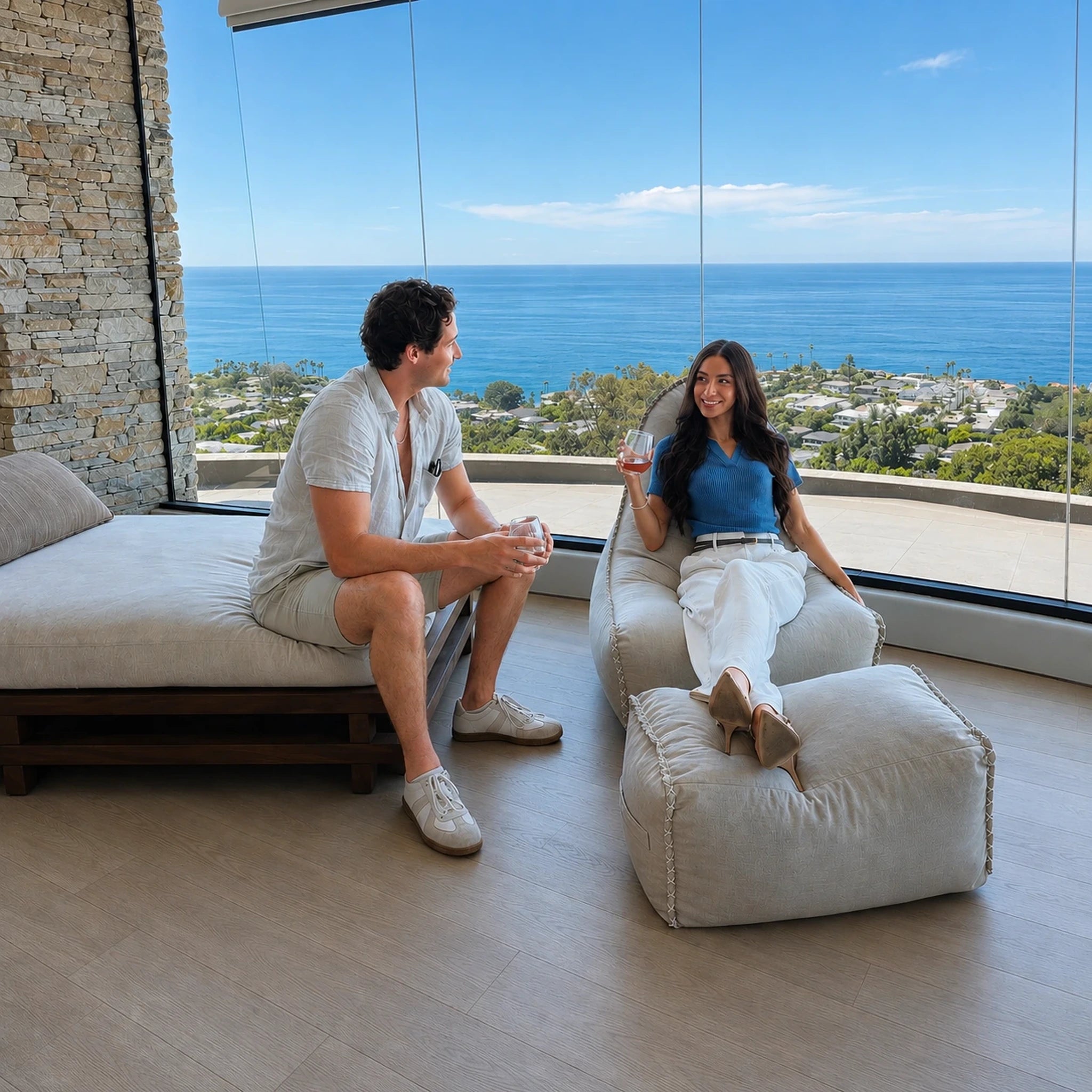 MARÉVA Lounger and Footrest set in Oyster Shell, lifestyle photo