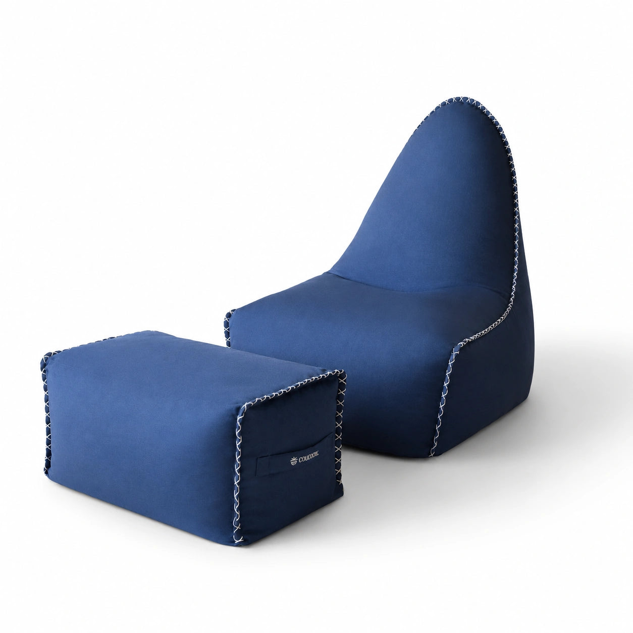 MARÉVA Lounger and Footrest set in Midnight Tide navy blue, studio photo